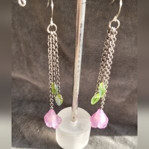 Handmade long purple lucite flower earrings with crystal and glass accents